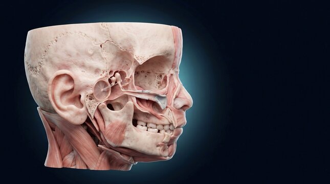 Detailed anatomical model showing human skull and facial muscles profile view