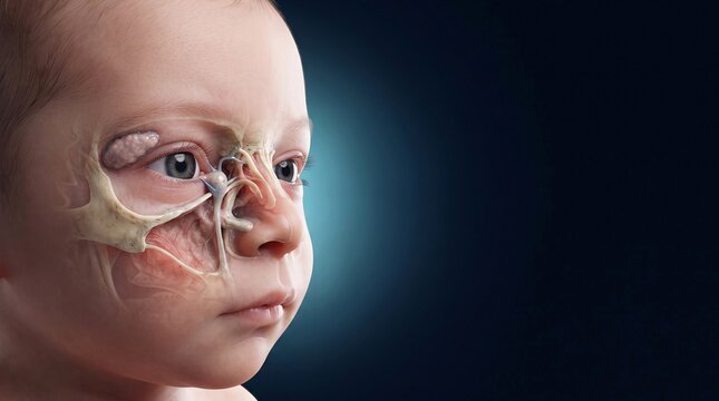 Medical illustration showing child's facial anatomy with transparent skin revealing bones and muscles