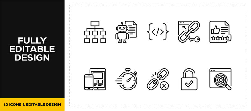flat vector illustration line art icon bundle set design representing coding programming database time and server symbols for information technology development apps ui