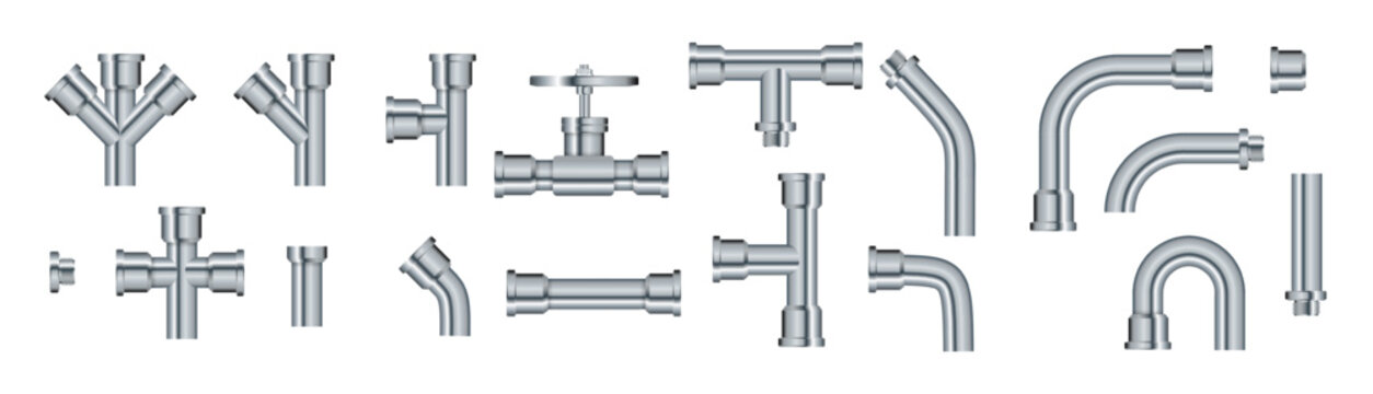 Pipe. Metallic pipes plumbing fittings. Industry pipeline. Vector illustration