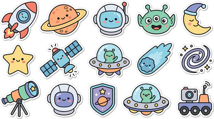 Cute Kawaii Outer Space Sticker Collection with Astronaut and Alien Icons Isolated on White © Binoba