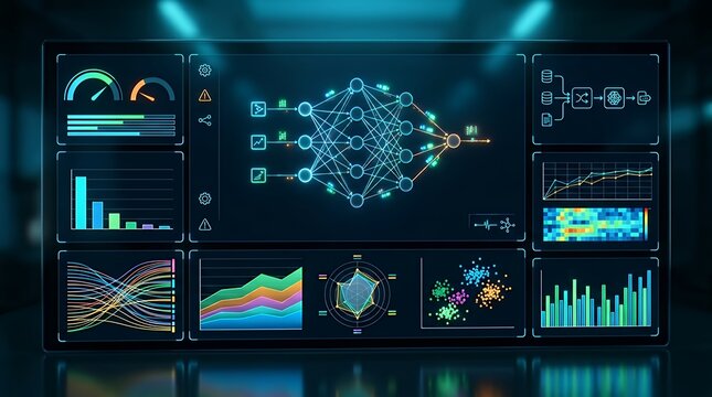 Digital AI Analytics Dashboard Panel Displaying Machine Learning Visualizations Big Data Processing Futuristic Tech Screen analytics dashboard interface visualization data machine learning artificial