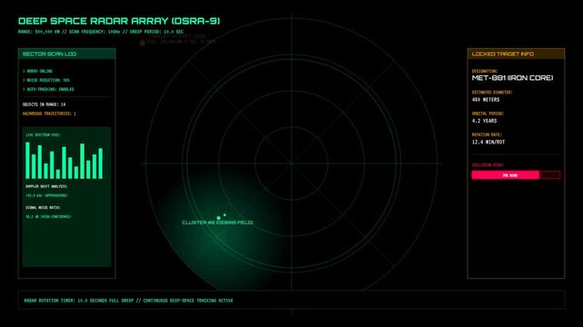 Futuristic Deep Space Radar Scan Interface Displaying Asteroid Trajectory and Target Object Tracking