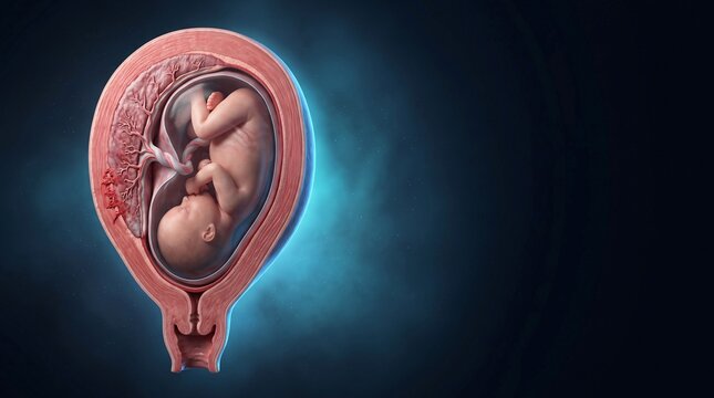 Fetus inside uterus with visible umbilical cord and placenta