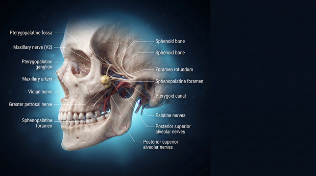 Anatomical diagram showing human skull with labeled cranial nerves and bones
