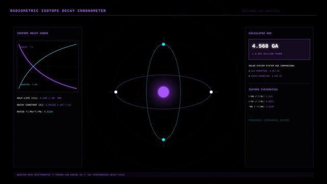 Futuristic Digital Interface Displaying Radiometric Isotope Decay Chronometer and Planetary Orbits