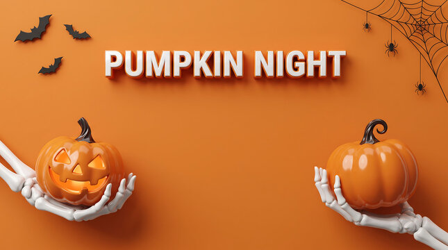Halloween pumpkin night banner with carved jack-o-lanterns and festive text on orange background