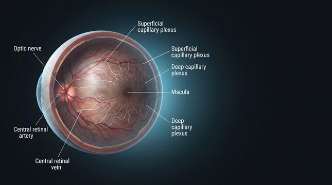 Anatomical diagram showing detailed structures inside a human eye including optic nerve, macula and blood vessels