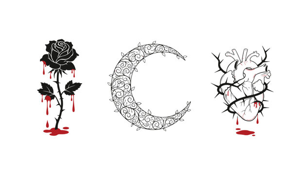 Dark romantic art set featuring a bleeding rose, an ornamental crescent moon, and a thorny heart symbol illustrated in sharp black ink and red highlights.