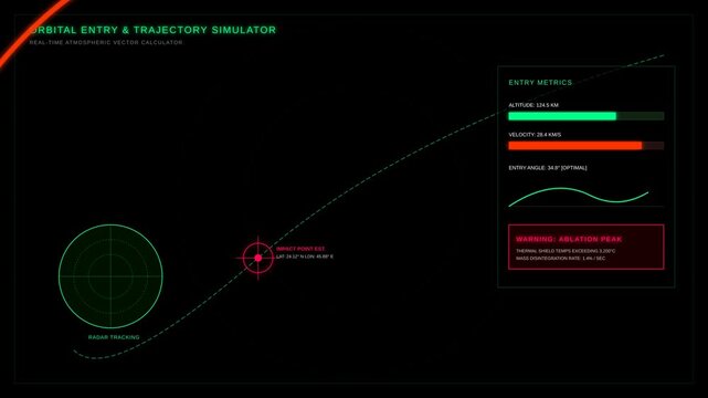 Futuristic Orbital Reentry Simulation Interface Displaying Atmospheric Vector Tracking Metrics Data