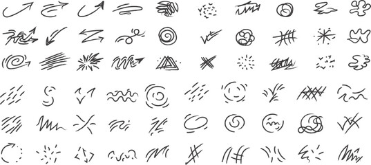 Fototapeta premium Mega collection of abstract hand drawn scribbles bundle with messy pencil doodle icons and geometric shapes