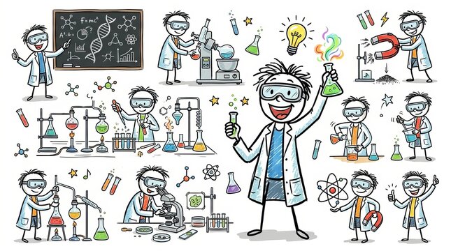 Cartoon Scientists in Laboratory with Experiments and Discoveries.