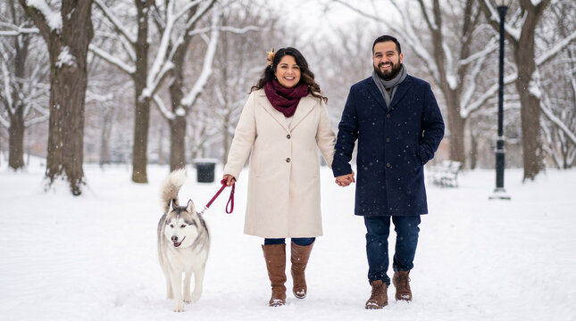 A plus-size couple is walking their dog; a romantic and cozy atmosphere during the winter season in a snow-covered park.