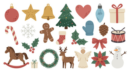 Fototapeta premium Delightful collection of various Christmas and winter-themed flat cartoon icons, including a snowman, reindeer, and gingerbread man, on a clean white background