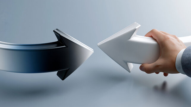 two glossy arrow shapes in contrasting colors colliding head on against each other representing business competition conflict resolution and strategic opposing forces concept