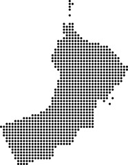 Obraz premium Oman dotted map with circular dot pattern, abstract vector geographic silhouette on blue background