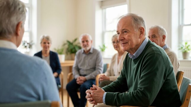Senior man listening during a support group meeting. Elderly people sitting in a circle for a community discussion. Mental health, socialization and group therapy concept