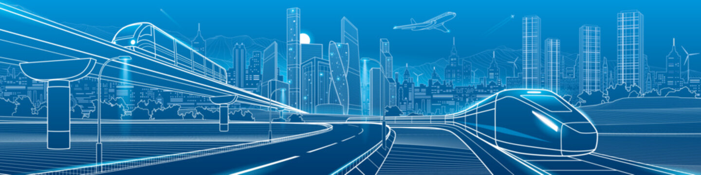Futuristic city panorama with high speed trains, elevated railway, modern highway, airplane and skyline. Concept of smart mobility and urban transport infrastructure.
