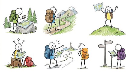 Obraz premium Hikers exploring nature with maps and backpacks.
