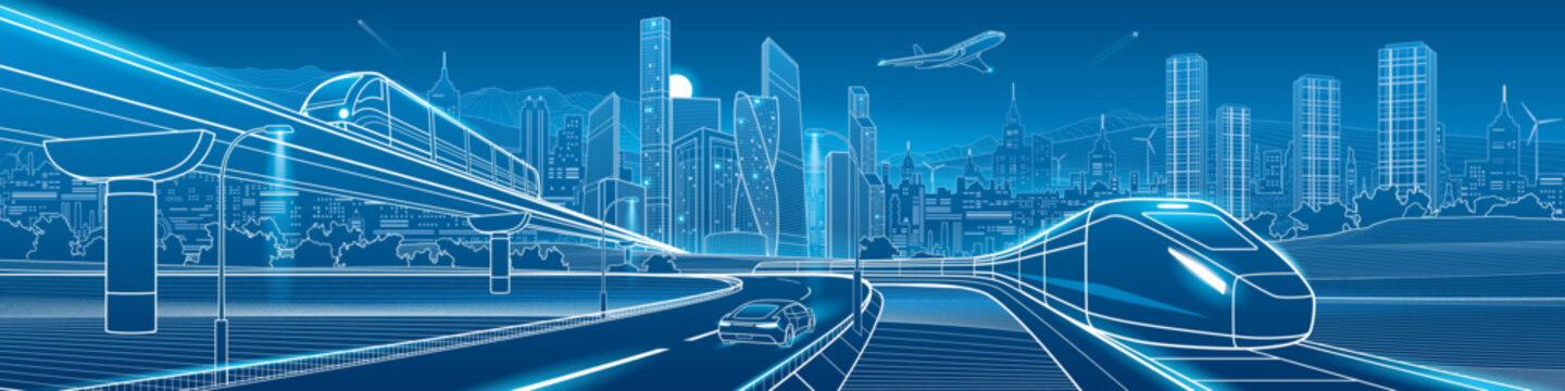 Futuristic smart city panorama with high speed trains, electric car, modern highway, airplane and urban skyline. Concept of future mobility and transportation.