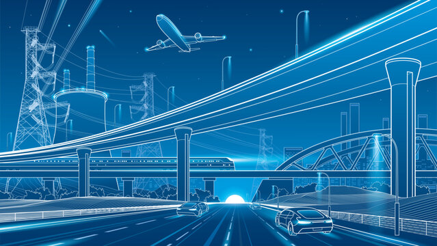 Futuristic transportation and urban infrastructure concept with multilayer highway, high-speed train, airplane, power transmission lines and modern city skyline. Smart mobility, logistics