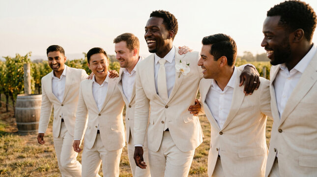 Groom and groomsmen in white suits smiling together in a vineyard, side view, wedding friendship concept. Groom with groomsmen of various ethnicities.