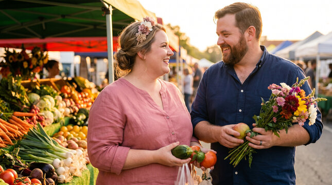 Plus-size couple shopping at a market, joyful atmosphere, holding fresh produce