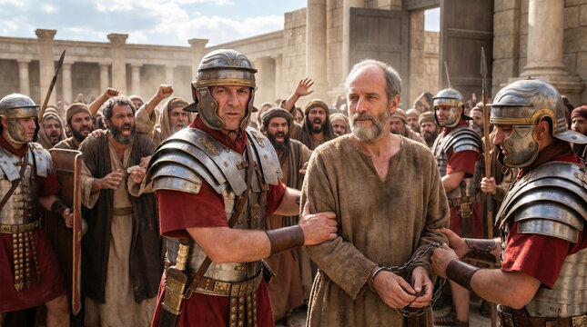 Roman commander arresting the Apostle Paul amid angry mob in Jerusalem temple courts. Biblical scene.