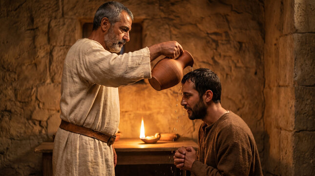 Ananias pouring water over Saul's head in humility and gratitude in a historical setting