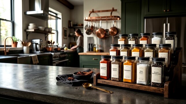 Organized wooden spice rack with labeled glass jars on dark kitchen countertop in rustic modern home setting
