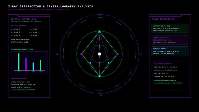 Scientific X Ray Diffraction Analysis Interface Displaying Crystal Lattice Structural Data Metrics