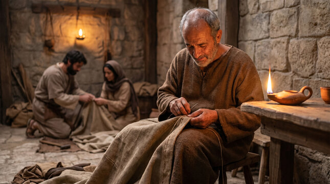 Paul sewing a tent with Aquila and Priscilla working in the background. Biblical scene