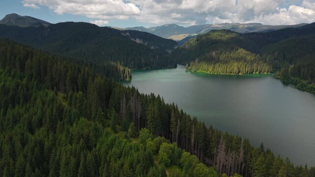 Aerial View of Bolboci Lake and Bucegi Mountains