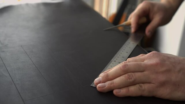 Close-up of a craftsman's hands carefully tracing and marking a pattern on black leather using a metal ruler and an awl in a workshop
