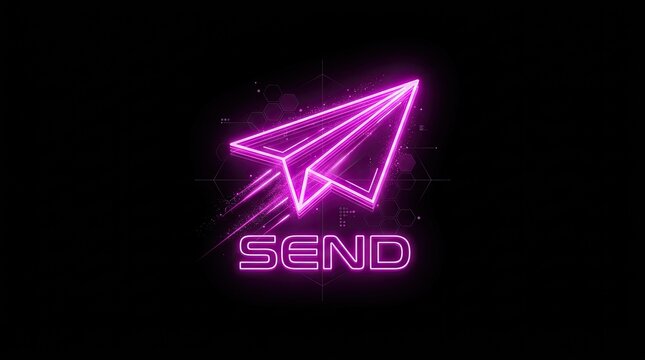 Neon send icon with glowing paper airplane. Futuristic digital communication and message concept.