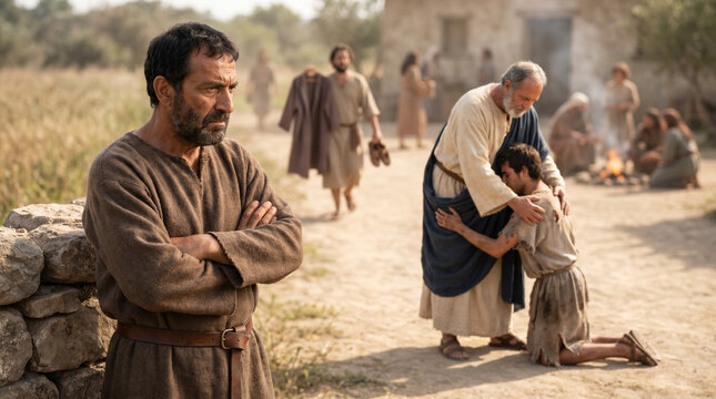 Elder brother feeling envy watching father embrace younger son in village setting