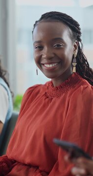 Recruitment, woman and face with notebook in waiting room for preparation, interview notes or happy. Hiring process, writing or candidate in row for internship, experience revision or job opportunity