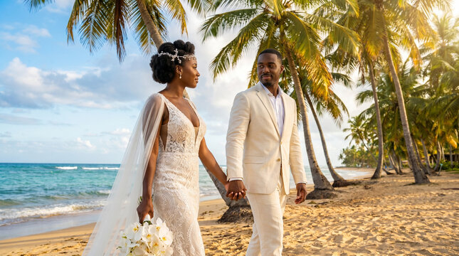 Tropical wedding African American couple walking happily on the beach under palm trees