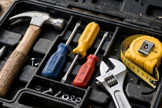 Neatly organized open tool chest showcasing a diverse collection of hand tools like a claw hammer, multi head screwdrivers, steel wrench, and measuring tape ready for repair work