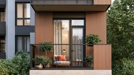 Fototapeta premium Modern balcony design featuring natural wood accents, plants, and cozy seating in an urban apartment setting