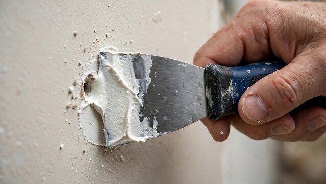 Close up view of a metal putty knife spreading wall patching compound into a small surface hole on a textured wall, showing hands doing home improvement and maintenance