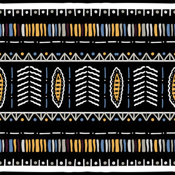 African ethnic vector seamless pattern. Geometric abstraction inspired by the peoples of Africa. Spiral, dot, line. Vibrant Covers with tribal motifs. Multicolored zigzag border. 