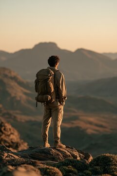 Solo Male Traveler with Backpack Looking at Mountain Valley View, Sunset