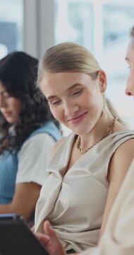 Recruitment, women and talk with tablet in waiting room for company website, CV advice or happy. Hiring process, row or candidates with tech for resume review, internship discussion or interview tips