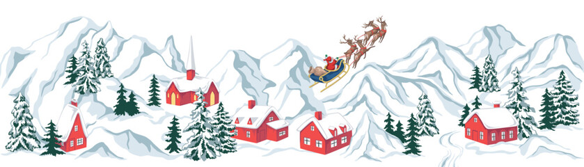 Fototapeta premium Christmas landscape, Santa Claus, fir tree, church, house, snow, sleigh, deer panorama. Winter village holiday banner.