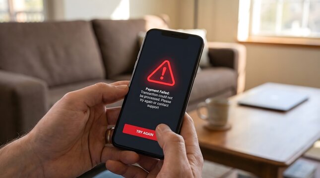 User Pressing Try Again Button After Payment Failed Error Displayed on Smartphone Screen in Living Room