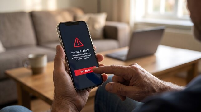 Close Up of Person Pressing Try Again Button After Payment Failed Error Displayed on Smartphone Screen at Home
