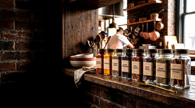 Labeled glass spice jars line a rustic wooden shelf inside a professional restaurant kitchen with a chef working in the background