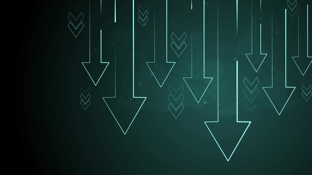 Abstract background with many arrows pointing down showing decline decrease and negative trend animation