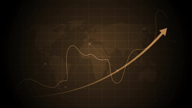 Abstract world map background with grid rising line graph and upward arrow showing global business growth and financial progress animation